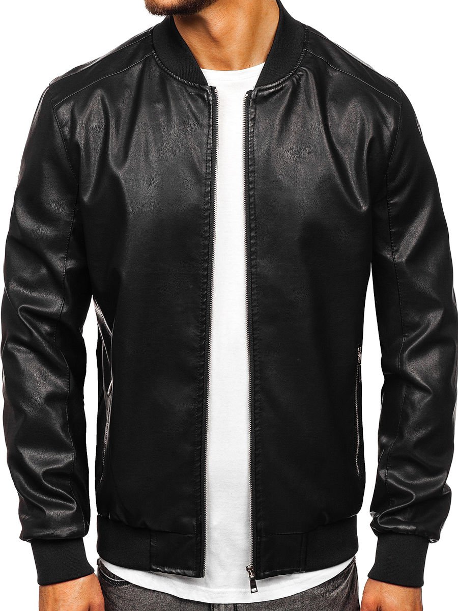 Geacă de piele bomber neagra Bolf 1147