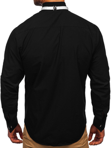 Cămașă elegantă pentru bărbat cu mâneca lungă neagră Bolf 4702 papion+set butoni