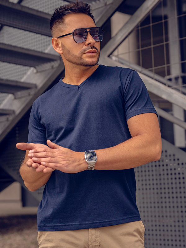 Tricou bărbătesc bleumarin, simplu, cu decolteu în V Bolf 192131A