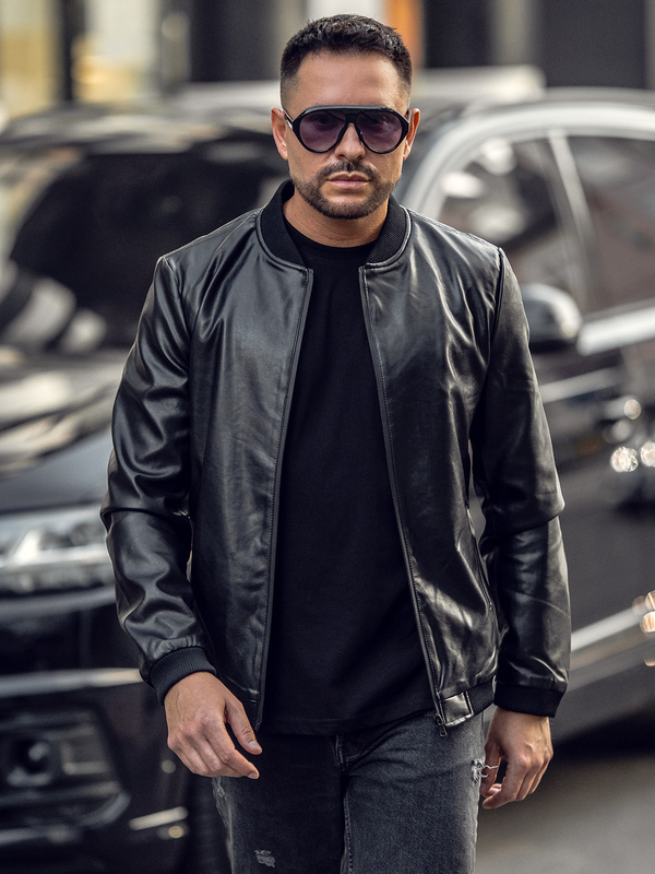 Geacă de piele bomber neagră Bolf 6803A