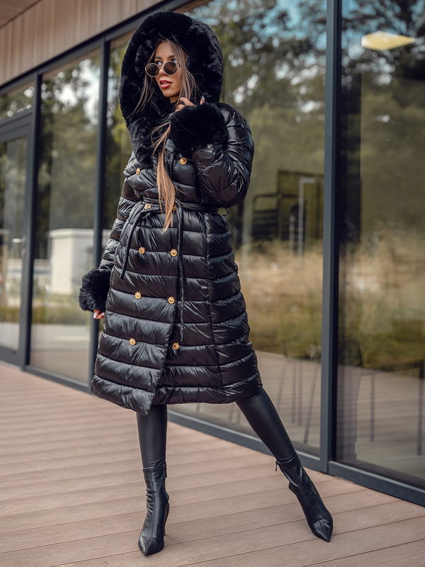 Geacă-palton lung de iarnă cu glugă neagră Bolf 5M3160