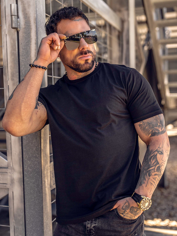 Tricou negru bărbătesc din bumbac fără imprimeu Bolf 192397B