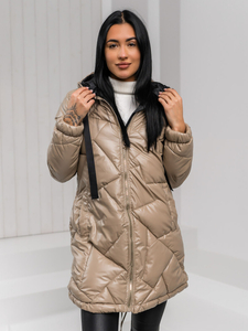 Palton de iarnă lung matlasat bej cu glugă Bolf 5M3189
