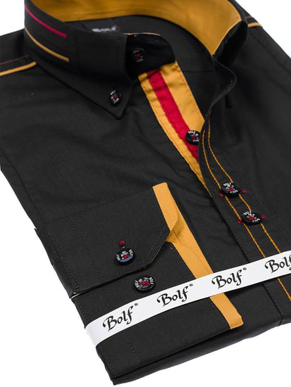 Cămașă elegantă pentru bărbat cu mâneca lungă neagră Bolf 4707