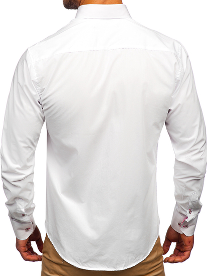 Cămașă elegantă pentru bărbat cu mâneca lungă alb-roz Bolf 4744