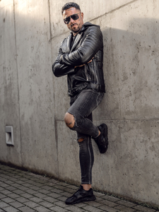 Geacă de piele biker neagră cu glugă Bolf 11Z8005