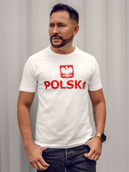 Tricou bărbătesc din bumbac alb cu imprimeu Polonia 5065A