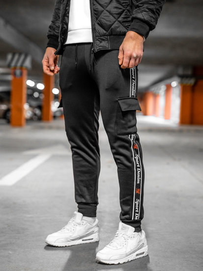 Pantaloni cargo negri pentru bărbați, pantaloni de jogging, pantaloni de trening de la Bolf HR209