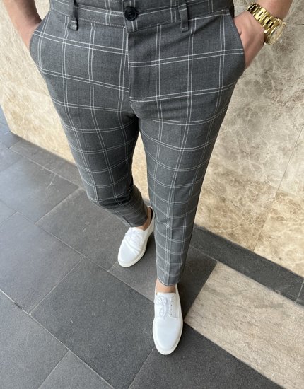 Pantaloni chinos în carouri gri-antracit Bolf 0036