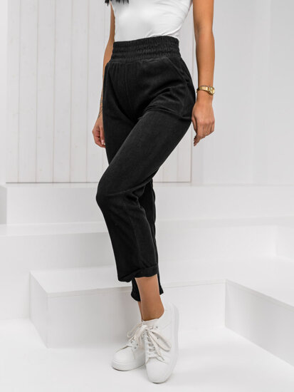 Pantaloni de damă cu nervuri din material negru de la Bolf W7856