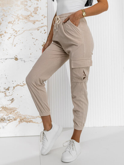 Pantaloni de jogging cargo de damă cu nervuri bej de la Bolf W7860