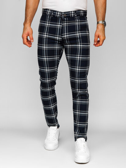 Pantaloni de jogging pentru bărbați din țesătură cu carouri bleumarin de la Bolf 184144