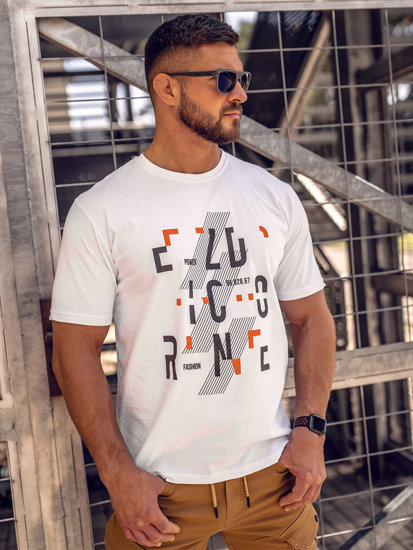 Tricou bărbătesc din bumbac alb cu imprimeu Bolf 14752A