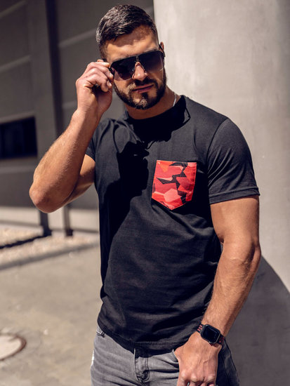 Tricou bărbătesc din bumbac negru și roșu cu buzunar cu imprimeu de camuflaj Bolf 14507A