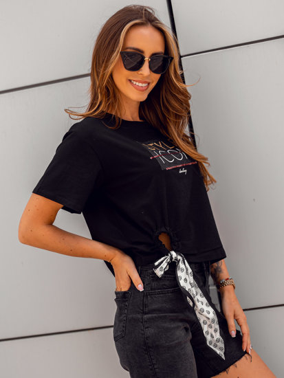 Tricou cu imprimeu și zirconiu negru dame Bolf DT101A