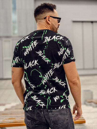 Tricou pentru bărbați negru și verde cu imprimeu Bolf 14939A