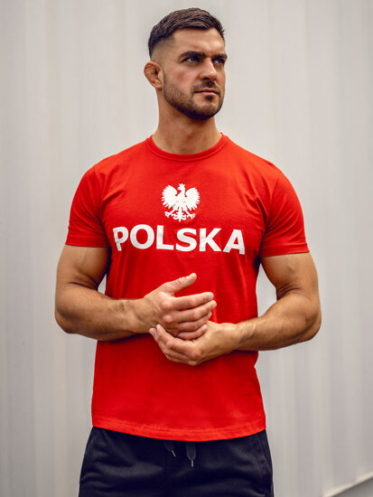 Tricou roșu pentru bărbați din bumbac cu imprimeu Polonia 5065A