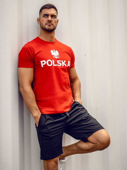 Tricou roșu pentru bărbați din bumbac cu imprimeu Polonia 5065A