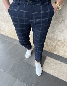 Pantaloni chinos în carouri bleumarin Bolf 0036