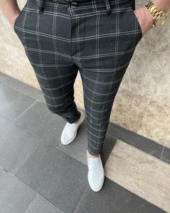 Pantaloni chinos în carouri grafit Bolf 0036