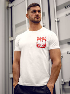 Tricou bărbătesc din bumbac alb cu imprimeu Polonia 5064A