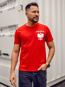 Tricou roșu pentru bărbați din bumbac cu imprimeu Polonia 5064A